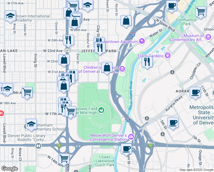 map of restaurants, bars, coffee shops, grocery stores, and more near 1919 Mile High Stadium Circle in Denver