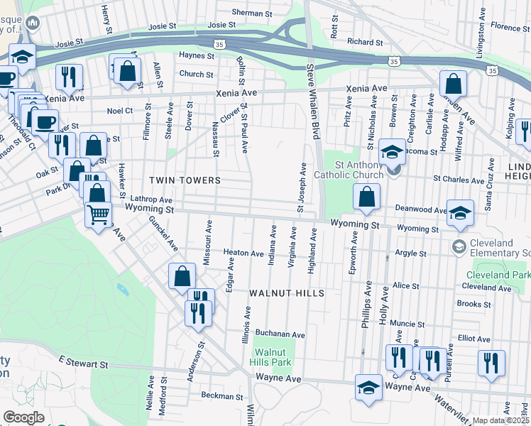 map of restaurants, bars, coffee shops, grocery stores, and more near 1327 Wyoming Street in Dayton