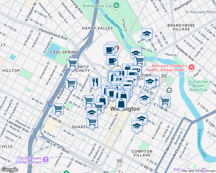 map of restaurants, bars, coffee shops, grocery stores, and more near 400 Delaware Avenue in Wilmington