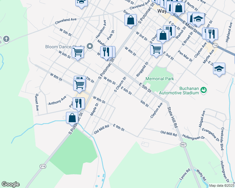 map of restaurants, bars, coffee shops, grocery stores, and more near 13 7th Street in Waynesboro