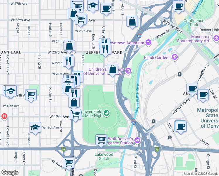 map of restaurants, bars, coffee shops, grocery stores, and more near 1975 Mile High Stadium Circle in Denver