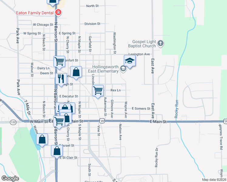 map of restaurants, bars, coffee shops, grocery stores, and more near 312 Gilmore Avenue in Eaton