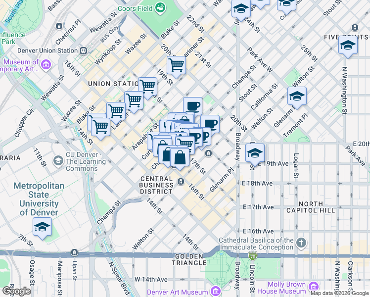 map of restaurants, bars, coffee shops, grocery stores, and more near 817 17th Street in Denver