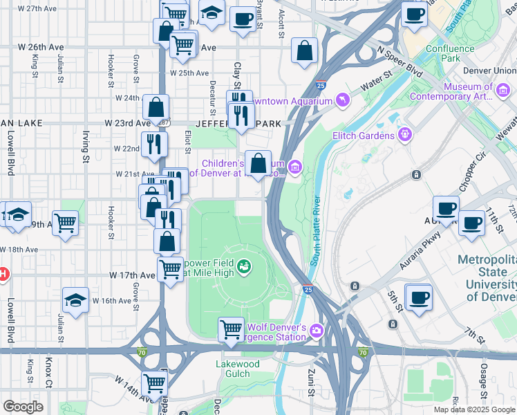 map of restaurants, bars, coffee shops, grocery stores, and more near 1919 Mile High Stadium Circle in Denver