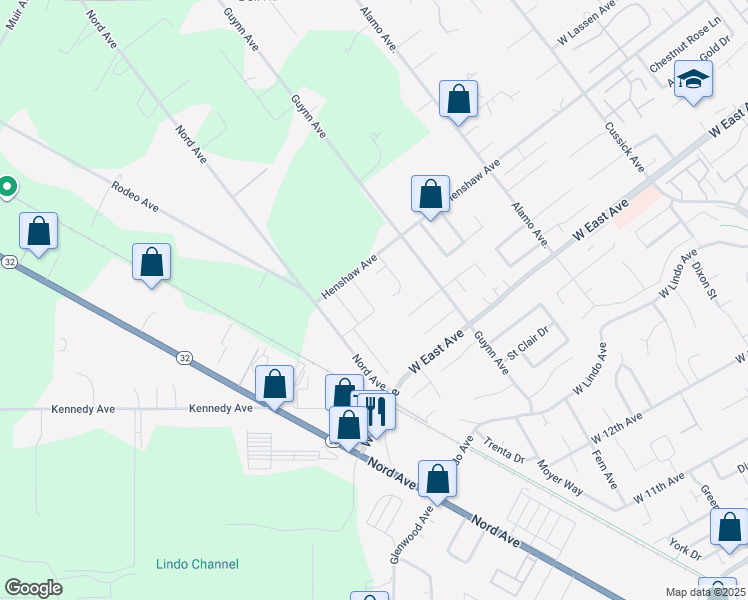 map of restaurants, bars, coffee shops, grocery stores, and more near 2636 Wesley Way in Chico
