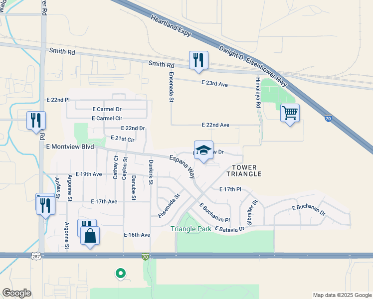 map of restaurants, bars, coffee shops, grocery stores, and more near 19563 Montview Drive in Aurora
