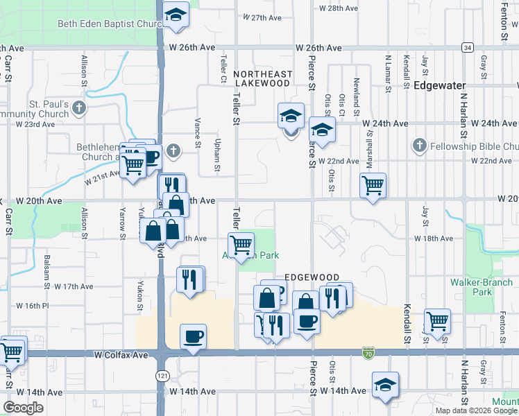 map of restaurants, bars, coffee shops, grocery stores, and more near 7020 West 20th Avenue in Lakewood