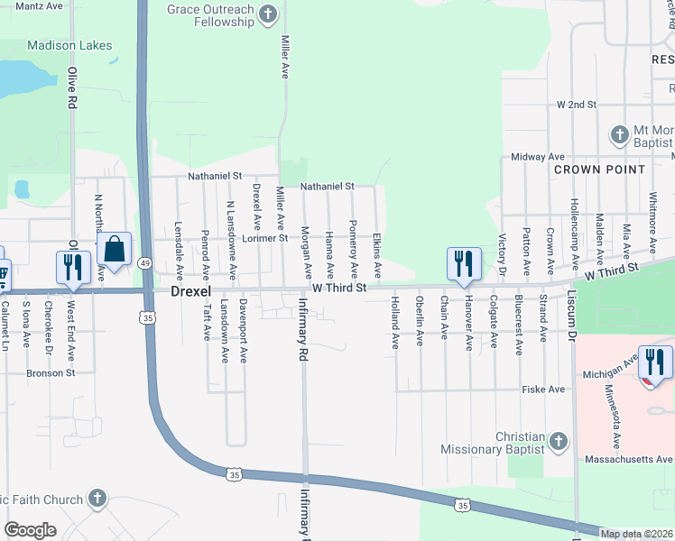 map of restaurants, bars, coffee shops, grocery stores, and more near 5453 West Third Street in Dayton