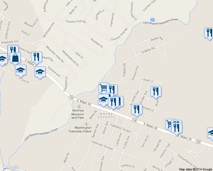 map of restaurants, bars, coffee shops, grocery stores, and more near 12432 North Welty Road in Waynesboro