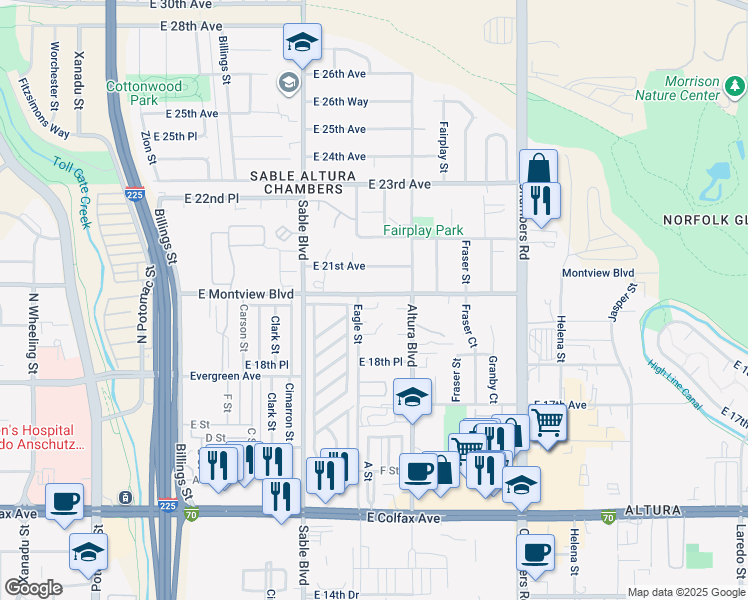 map of restaurants, bars, coffee shops, grocery stores, and more near in Aurora