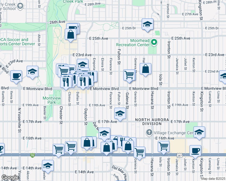 map of restaurants, bars, coffee shops, grocery stores, and more near in Aurora