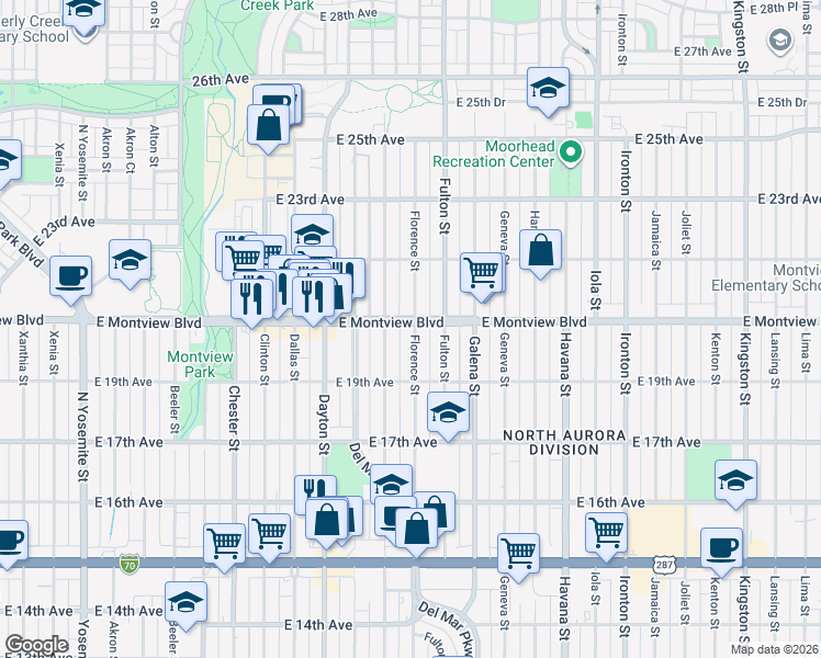 map of restaurants, bars, coffee shops, grocery stores, and more near 1980 Elmira Street in Aurora
