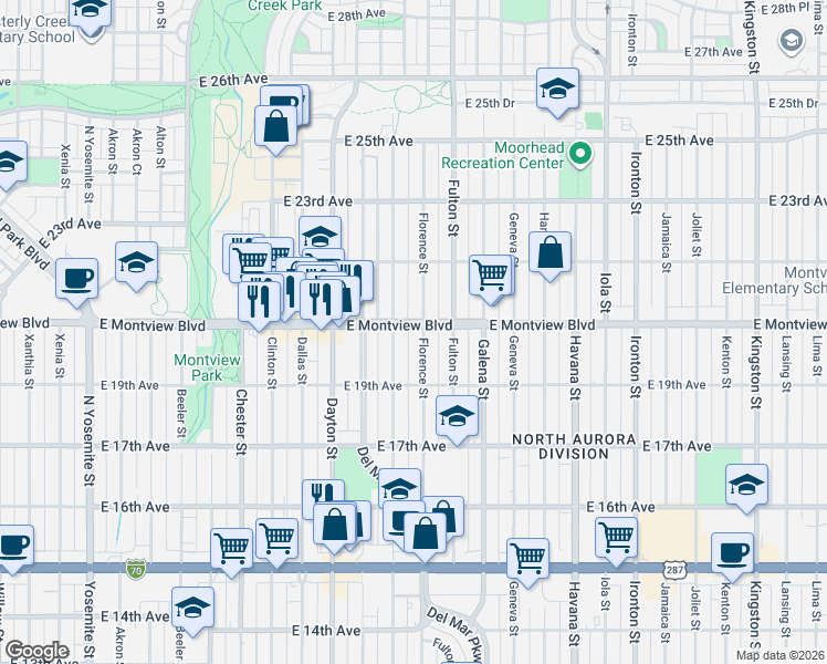 map of restaurants, bars, coffee shops, grocery stores, and more near 1980 Elmira Street in Aurora