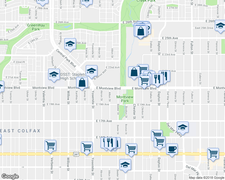 map of restaurants, bars, coffee shops, grocery stores, and more near 1979 Beeler Street in Aurora