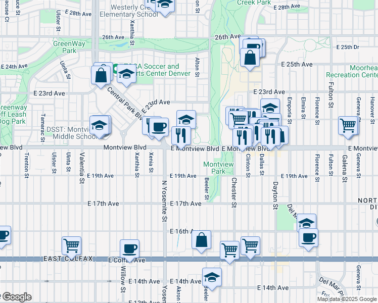 map of restaurants, bars, coffee shops, grocery stores, and more near 1984 Akron Street in Aurora