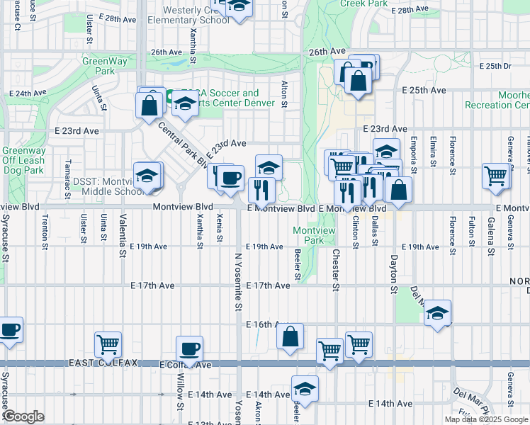 map of restaurants, bars, coffee shops, grocery stores, and more near 1984 Akron Street in Aurora