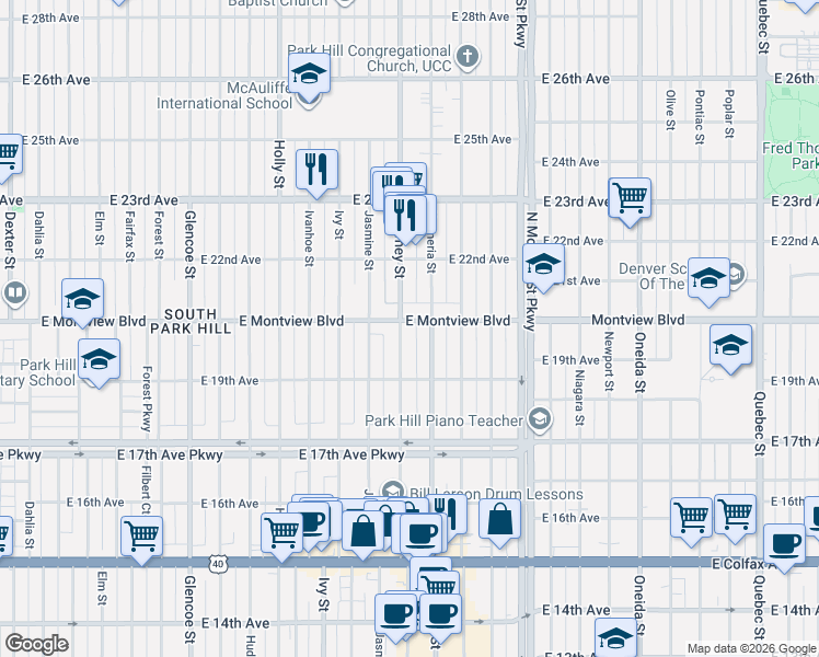 map of restaurants, bars, coffee shops, grocery stores, and more near 1966 Kearney Street in Denver