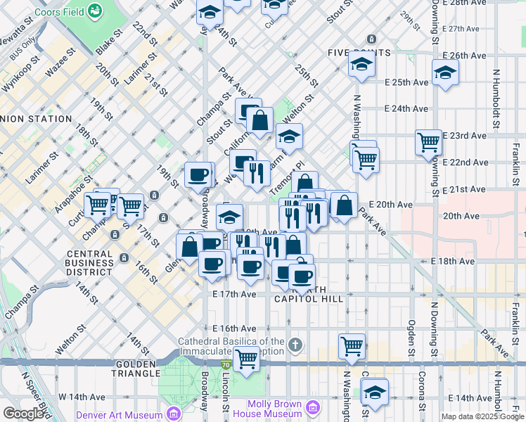 map of restaurants, bars, coffee shops, grocery stores, and more near 1934 Grant Street in Denver