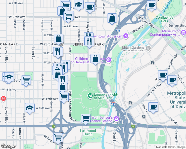 map of restaurants, bars, coffee shops, grocery stores, and more near 1975 Mile High Stadium Circle in Denver