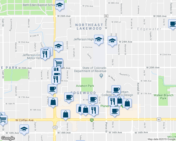 map of restaurants, bars, coffee shops, grocery stores, and more near 7020 West 20th Avenue in Lakewood