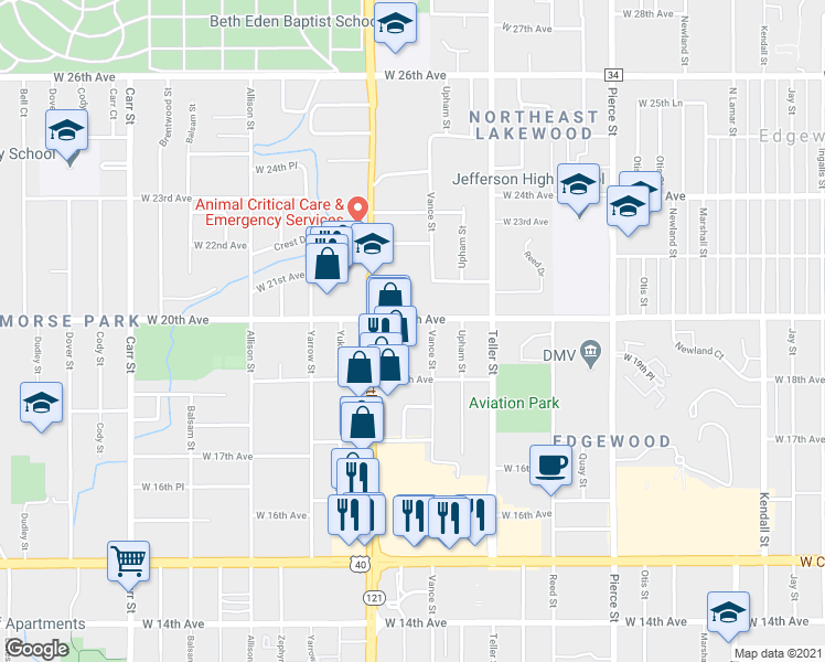 map of restaurants, bars, coffee shops, grocery stores, and more near 1975 Vance Street in Lakewood