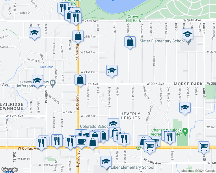 map of restaurants, bars, coffee shops, grocery stores, and more near 1975 Independence Street in Lakewood