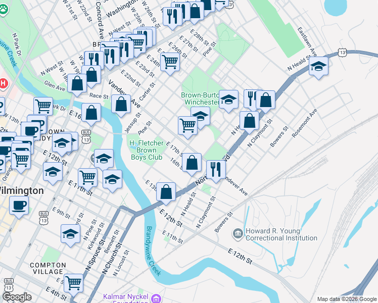 map of restaurants, bars, coffee shops, grocery stores, and more near 913 East 17th Street in Wilmington