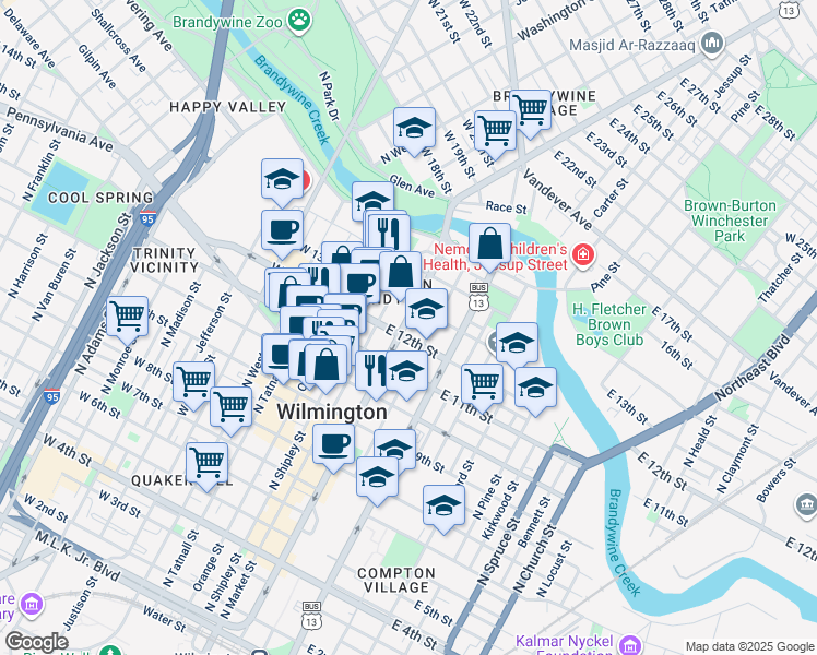 map of restaurants, bars, coffee shops, grocery stores, and more near 1201 North King Street in Wilmington
