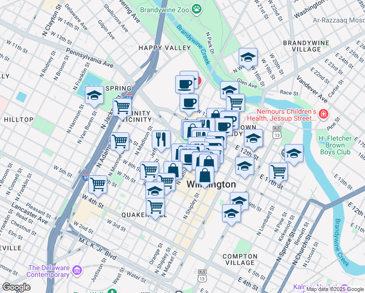 map of restaurants, bars, coffee shops, grocery stores, and more near in Wilmington