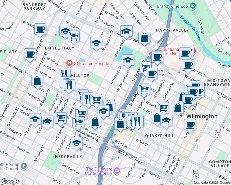 map of restaurants, bars, coffee shops, grocery stores, and more near 1102 West 7th Street in Wilmington