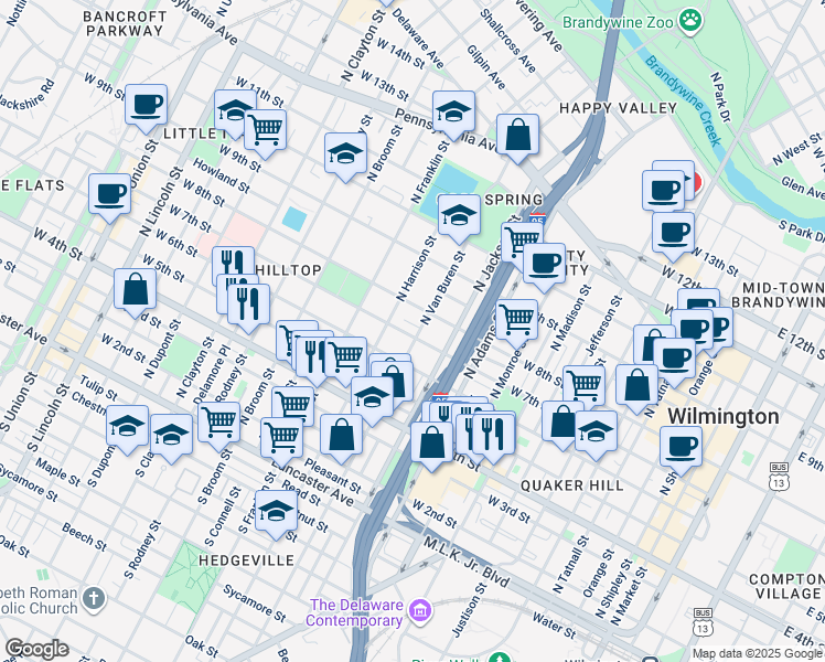 map of restaurants, bars, coffee shops, grocery stores, and more near 1102 West 7th Street in Wilmington