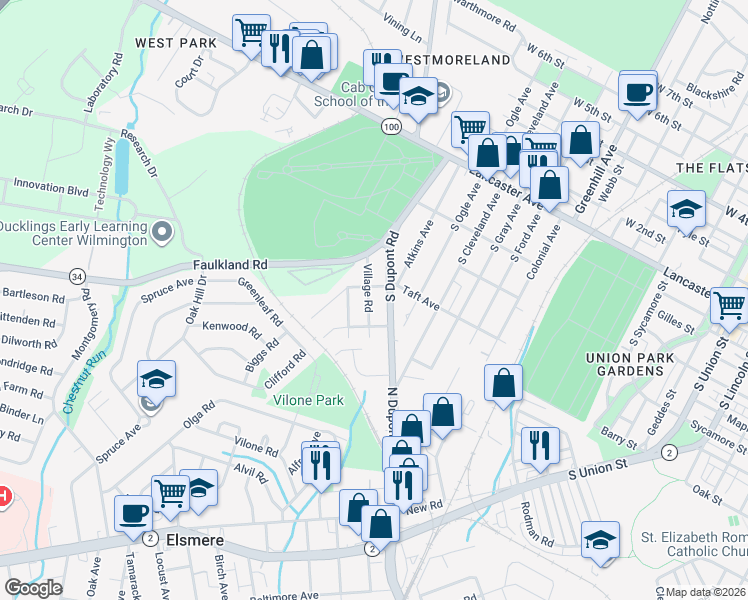 map of restaurants, bars, coffee shops, grocery stores, and more near in Wilmington