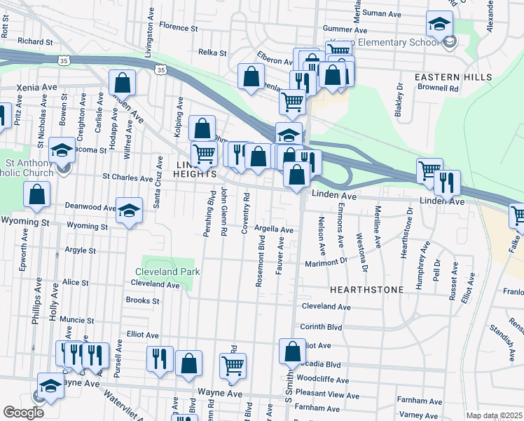 map of restaurants, bars, coffee shops, grocery stores, and more near 1442 Coventry Road in Dayton