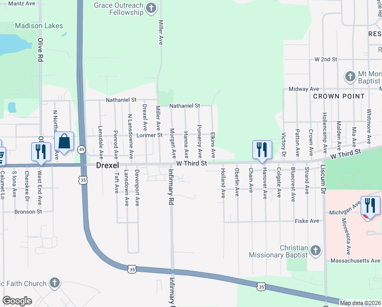 map of restaurants, bars, coffee shops, grocery stores, and more near 5453 West Third Street in Dayton