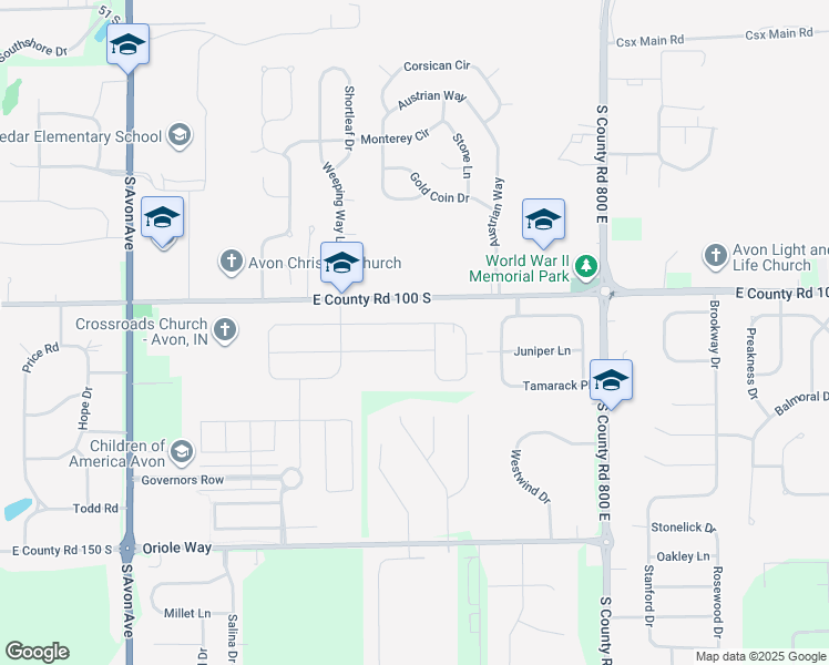 map of restaurants, bars, coffee shops, grocery stores, and more near 7591-7767 East County Road 100 South in Avon
