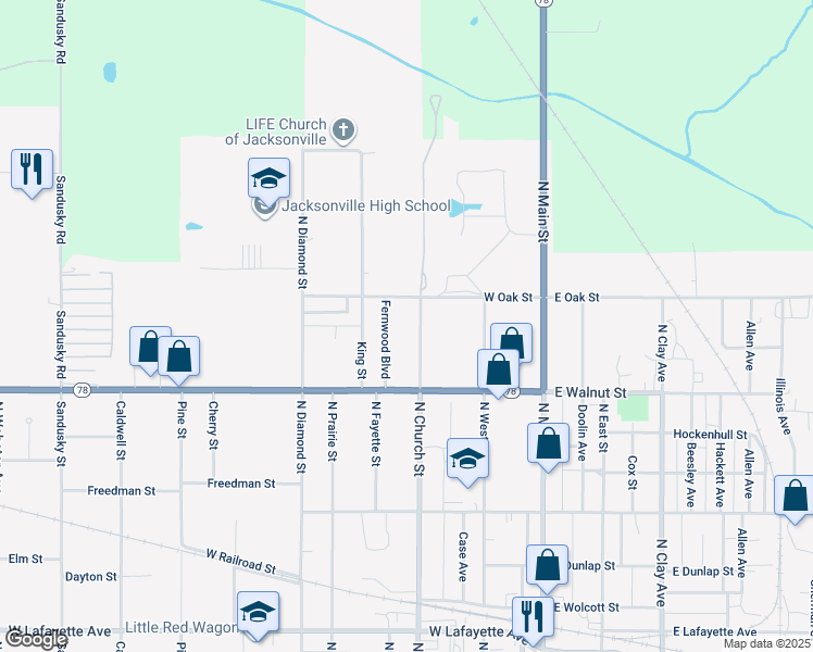 map of restaurants, bars, coffee shops, grocery stores, and more near 1021 North Church Street in Jacksonville