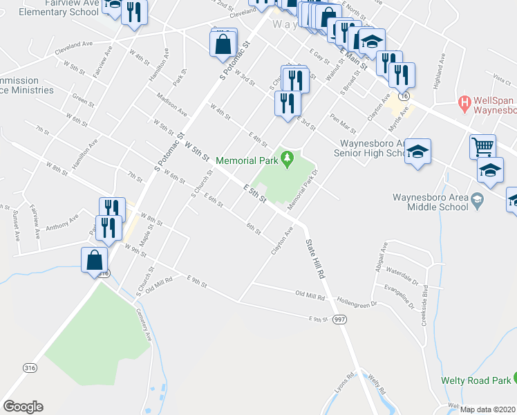 map of restaurants, bars, coffee shops, grocery stores, and more near 407 Broad Street in Waynesboro