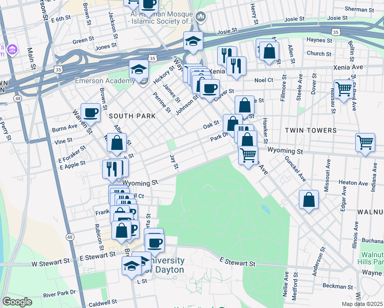 map of restaurants, bars, coffee shops, grocery stores, and more near 248 Park Drive in Dayton