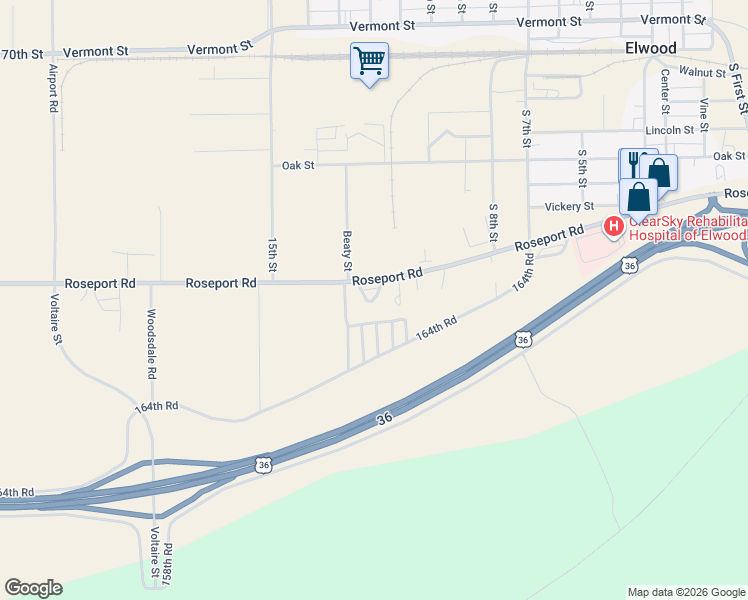 map of restaurants, bars, coffee shops, grocery stores, and more near 1104 Roseport Road in Elwood