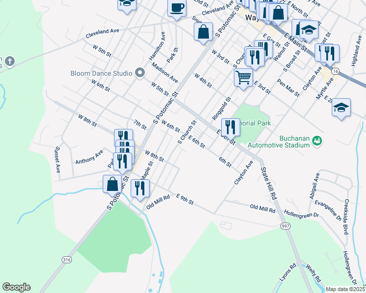 map of restaurants, bars, coffee shops, grocery stores, and more near 13 7th Street in Waynesboro