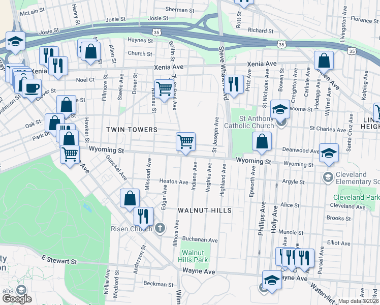 map of restaurants, bars, coffee shops, grocery stores, and more near 1327 Wyoming Street in Dayton