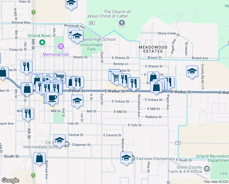 map of restaurants, bars, coffee shops, grocery stores, and more near 42 East Walker Street in Orland