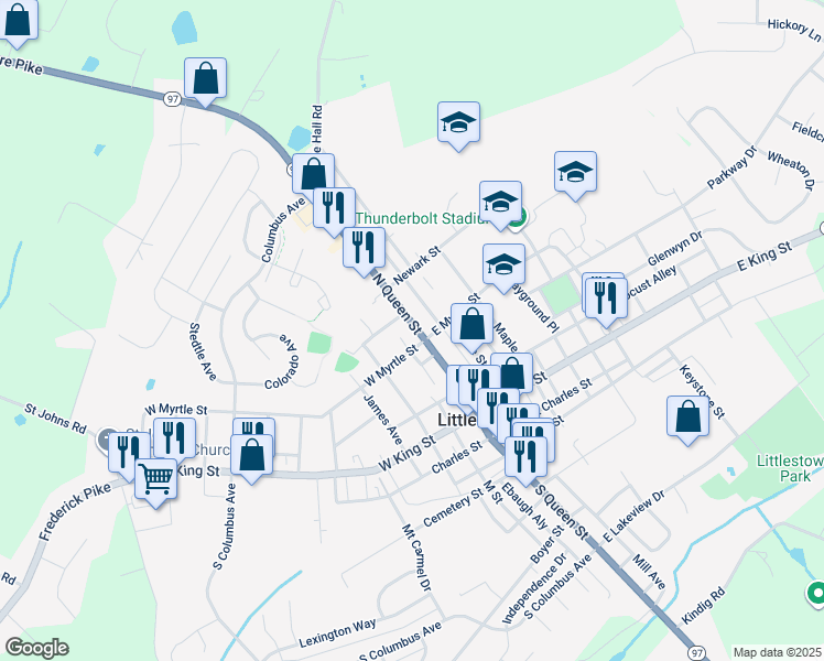 map of restaurants, bars, coffee shops, grocery stores, and more near 112 North Queen Street in Littlestown