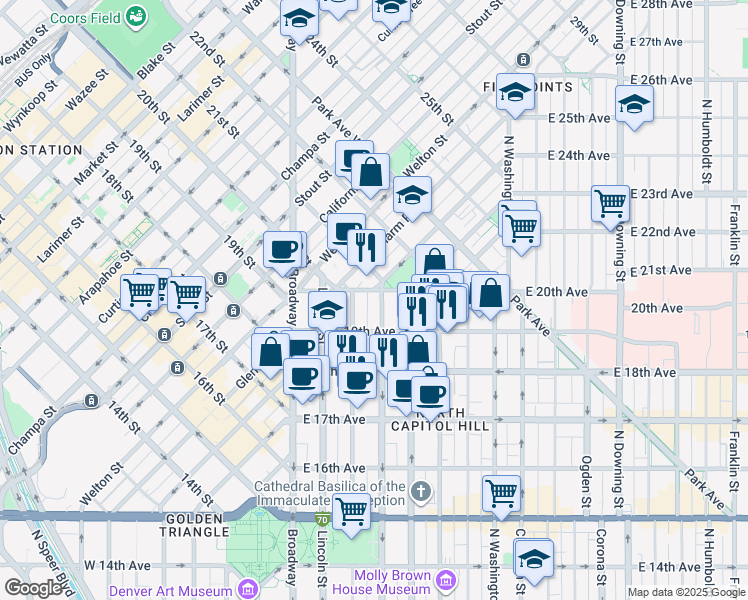 map of restaurants, bars, coffee shops, grocery stores, and more near 1934 Grant Street in Denver