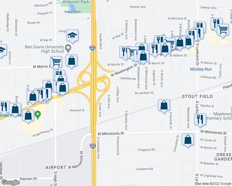 map of restaurants, bars, coffee shops, grocery stores, and more near 1404 Lindley Avenue in Indianapolis