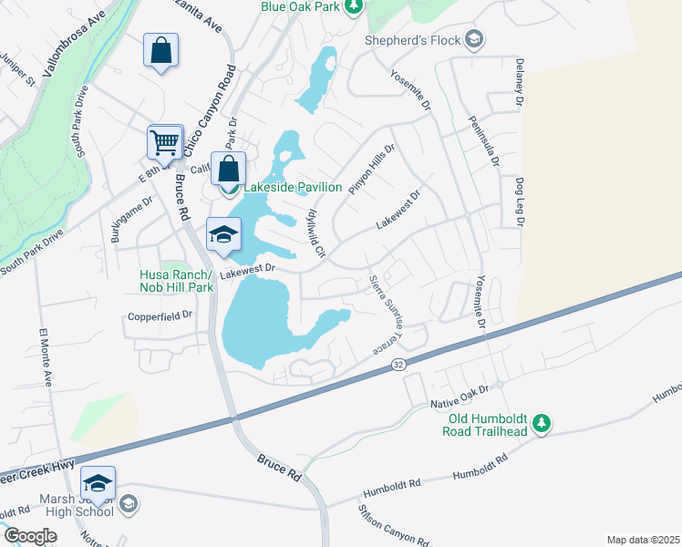 map of restaurants, bars, coffee shops, grocery stores, and more near 2686 Fairfield Common in Chico