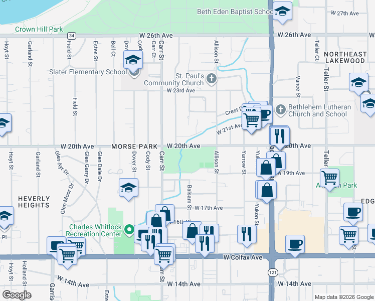 map of restaurants, bars, coffee shops, grocery stores, and more near 8180 West 20th Avenue in Lakewood