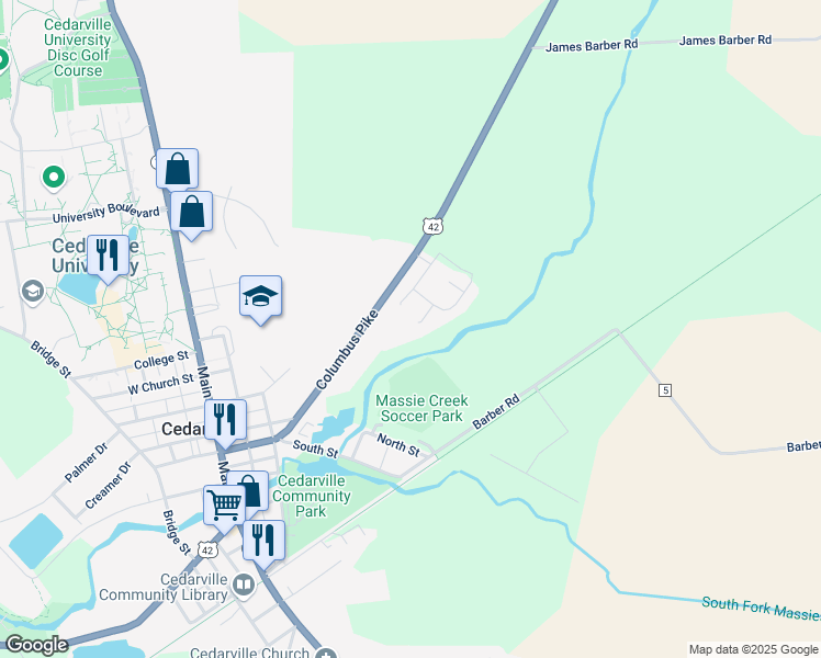 map of restaurants, bars, coffee shops, grocery stores, and more near 3403 Wildflower Place in Cedarville