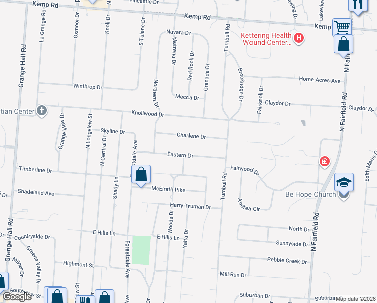 map of restaurants, bars, coffee shops, grocery stores, and more near 3606 Eastern Drive in Dayton