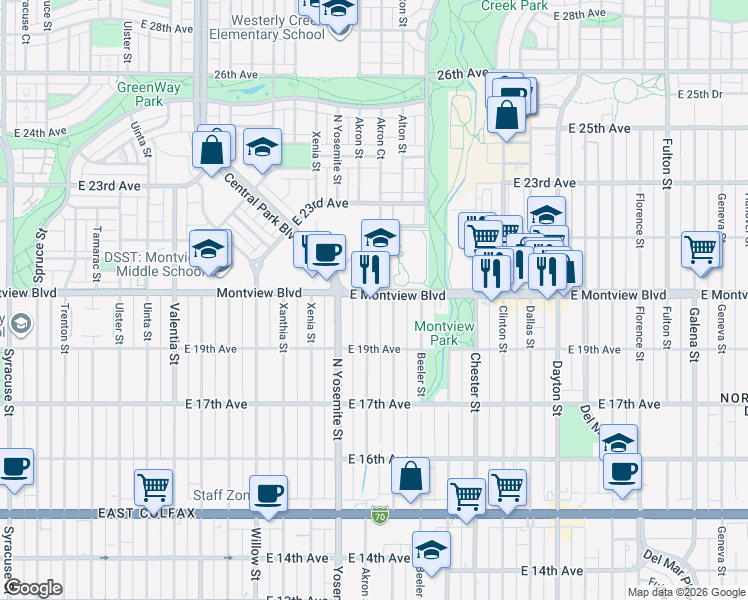 map of restaurants, bars, coffee shops, grocery stores, and more near 1984 Akron Street in Aurora